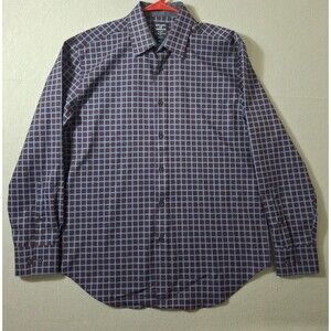Society of Threads Dress Shirt Mens Large Blue Check No Iron 4 Way Stretch Slim